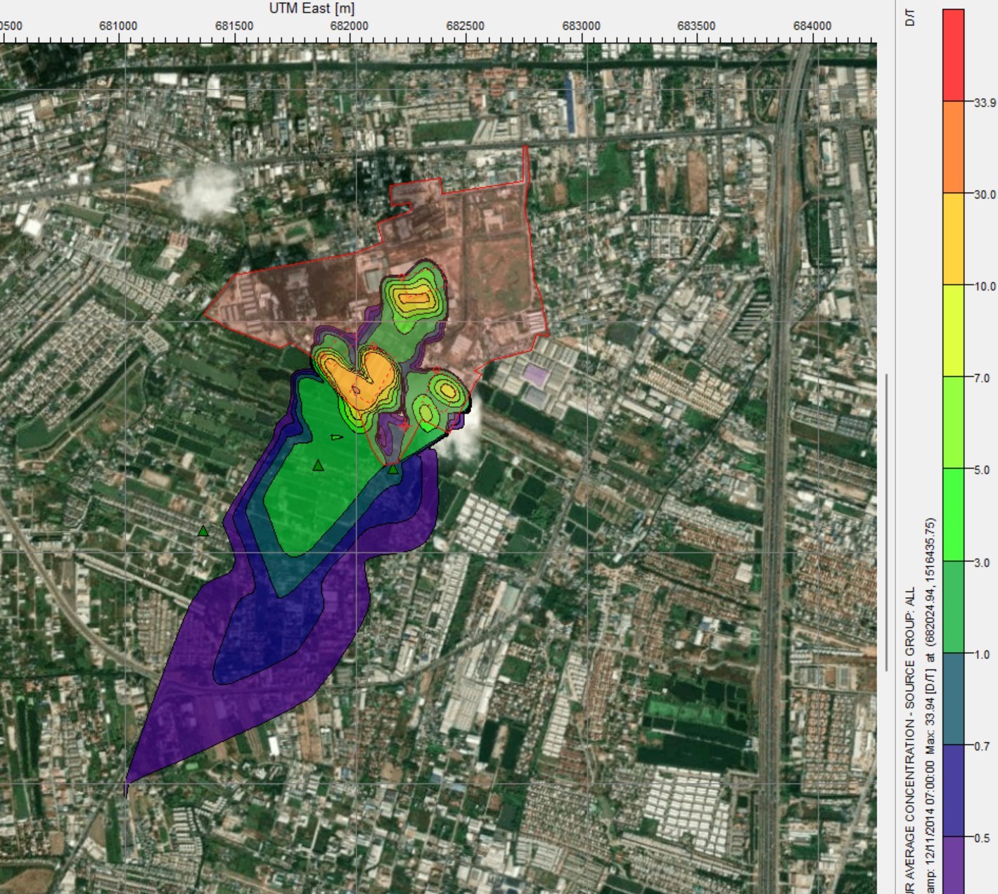 AERMOD modelling map of odour dispersion from the On Nut landfill into surrounding communities